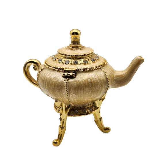 Vintage Enamel Teapot Trinket Box with Rhinestones, Pill Box. 4.5" Tall - Picture 10 of 11